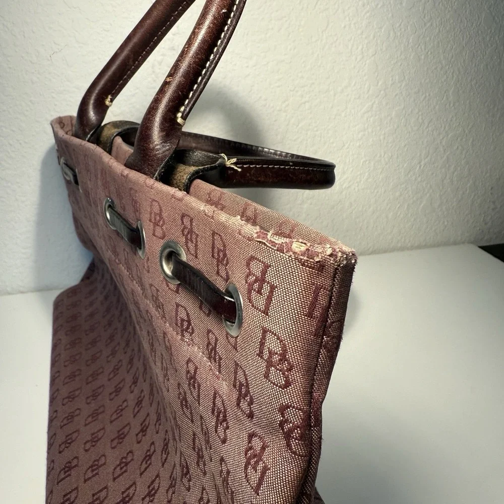 Dooney & Bourke Signature Canvas Satchel Logo Bag Double Leather Handles Tassels